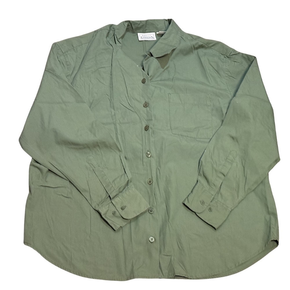 Vintage Basic Editions Olive Green Button Up Shirt XL Oversized 90s‎ Minimalist